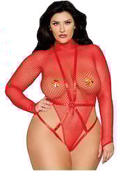Front view of LILIANA FISHNET PLUS SIZE TEDDY WITH ELASTIC HARNESS