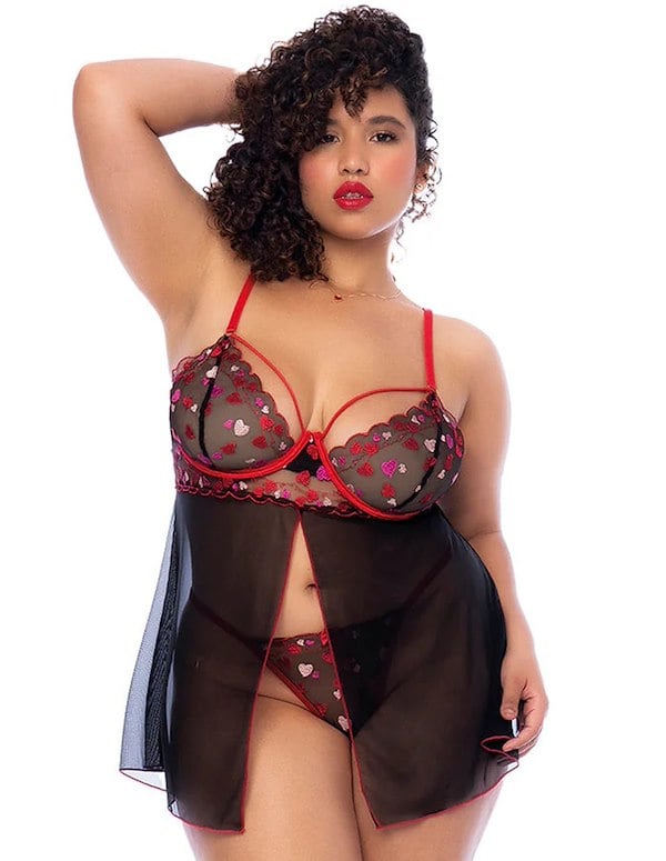 Hearts Desire Plus Size Babydoll And G-String default view Color: BKR