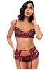 Additional BLACK/RED view of product HEARTS DESIRE 3PC BRA AND PANTY WITH GARTER BELT with color code BKR