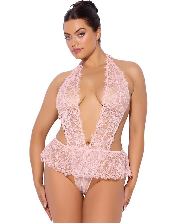 Jocelyn Lace And Pearl Plus Size Crotchless Teddy default view Color: LP