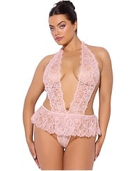 Front view of JOCELYN LACE AND PEARL PLUS SIZE CROTCHLESS TEDDY