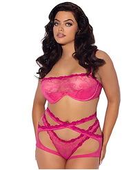 Front view of YVONE LACE BRA AND GARTER WITH TANGA PLUS SIZE SET