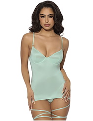 Front view of ZOE OIL SLICK WRAP GARTER CHEMISE