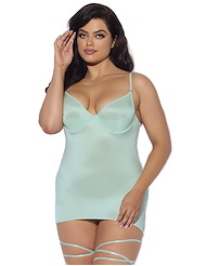 Front view of ZOE OIL SLICK WRAP GARTER PLUS SIZE CHEMISE