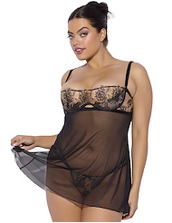Front view of DELILAH EMBROIDERED PLUS SIZE BABYDOLL AND PANTY