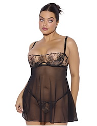 Additional ALT2 view of product DELILAH EMBROIDERED PLUS SIZE BABYDOLL AND PANTY with color code BK
