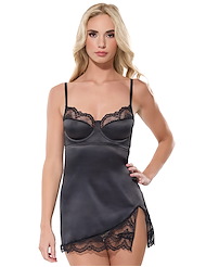 Front view of LYDIA BLACK STRETCH SATIN CHEMISE WITH LACE DETAIL