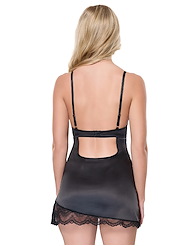 Alternate back view of LYDIA BLACK STRETCH SATIN CHEMISE WITH LACE DETAIL
