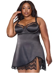 Front view of LYDIA STRETCH SATIN PLUS SIZE CHEMISE WITH LACE DETAIL