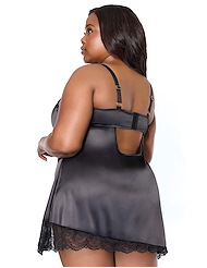 Alternate back view of LYDIA STRETCH SATIN PLUS SIZE CHEMISE WITH LACE DETAIL