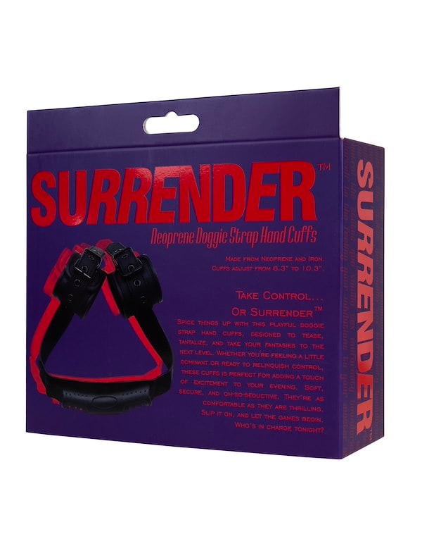 SURRENDER - NEOPRENE DOGGIE STRAP HAND CUFFS ALT3 view Color: BK