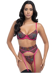 Front view of SARACITA EMBROIDERY 3PC BRA SET