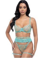 Front view of KRISLYN EMBROIDERED 3PC BRA SET WITH GARTER STAYS