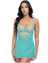 Front view of KRISLYN EMBROIDERED UNDERWIRE BABYDOLL AND G-STRING