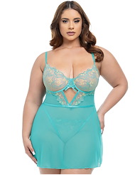 Front view of KRISLYN EMBROIDERED UNDERWIRE PLUS SIZE BABYDOLL AND G-STRING