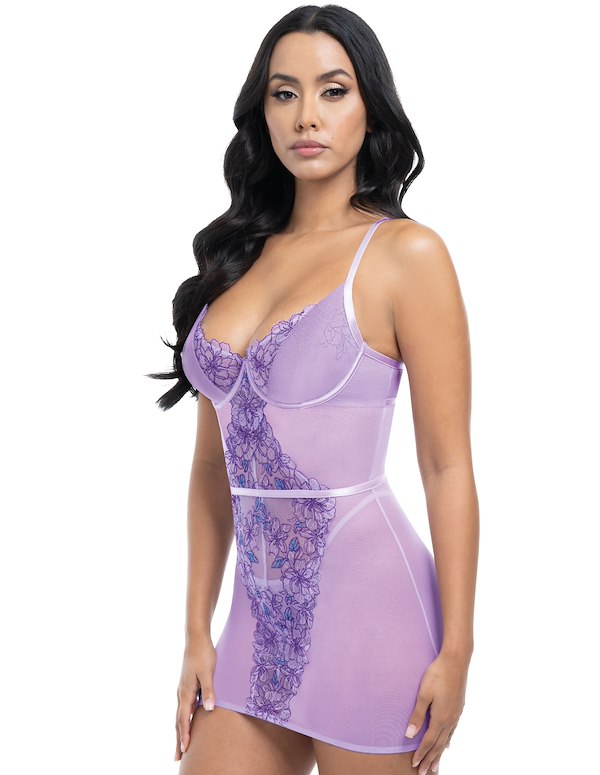 LAVENDER EMBROIDERED BABYDOLL AND G-STRING ALT2 view Color: LV