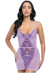 Front view of LAVENDER EMBROIDERED BABYDOLL AND G-STRING