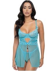 Front view of EMMA BABYDOLL WITH BOW DETAIL AND G-STRING