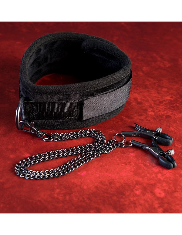 SEI MIO - TWIN TWEAKS - VLEVET COLLAR WITH NIPPLE CLAMPS ALT9 view Color: BK
