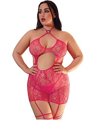 Front view of KILLER LEGS NET PLUS SIZE DRESS WITH GARTER STRAPS
