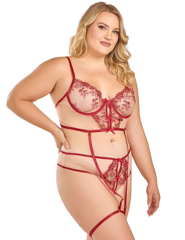 MARIBELLE PLUS SIZE GARTER BRA TOP AND PANTY SET ALT3 view Color: RD