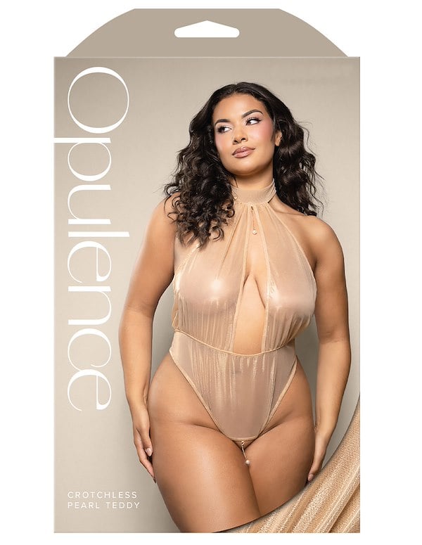 Champagne Crotchless Plus Size Pearl Teddy ALT2 view Color: GD