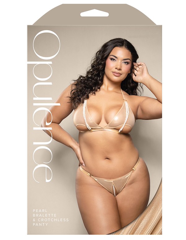 Plus Size Champagne Bralette And Crotchless Panty With Pearl Detail ALT2 view Color: GD