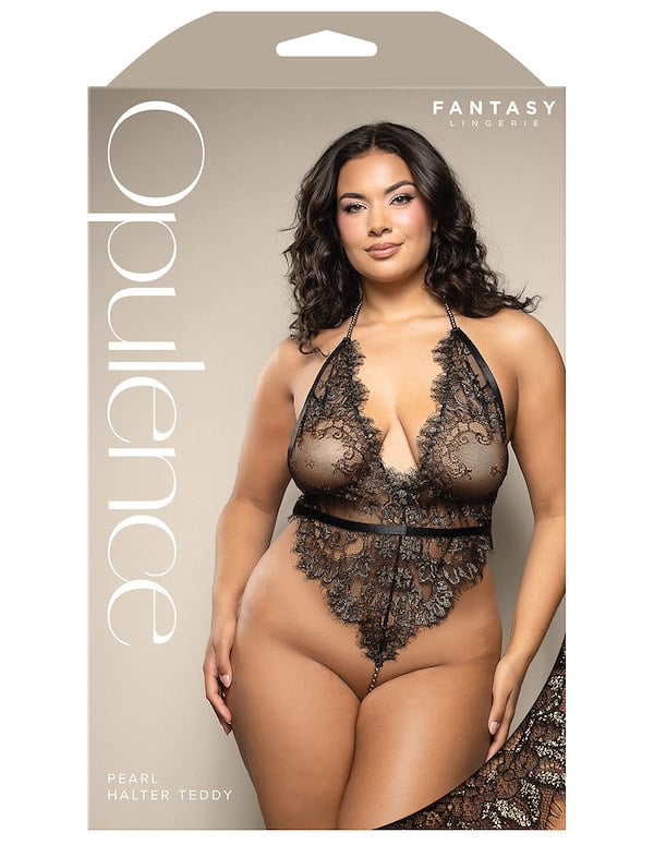 Chandra Shimmer Lace Plus Size Teddy With Pearl Detail ALT2 view Color: BK