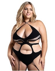 Front view of MIND GAMES PLUS SIZE CROTCHLESS TEDDY BODYSTOCKING