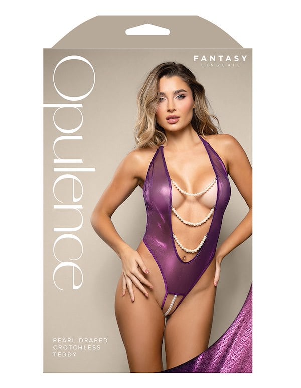 Iridescent Foil Mesh Halter Teddy With Pearl Detail ALT2 view Color: PR