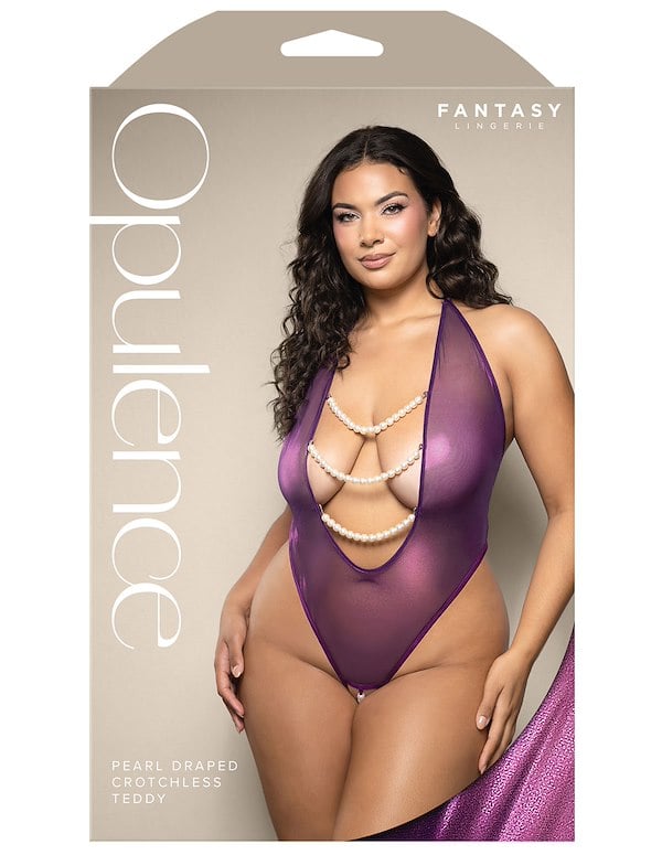 Iridescent Foil Mesh Halter Plus Size Teddy With Pearl Detail ALT2 view Color: PR