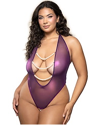 Front view of IRIDESCENT FOIL MESH HALTER PLUS SIZE TEDDY WITH PEARL DETAIL