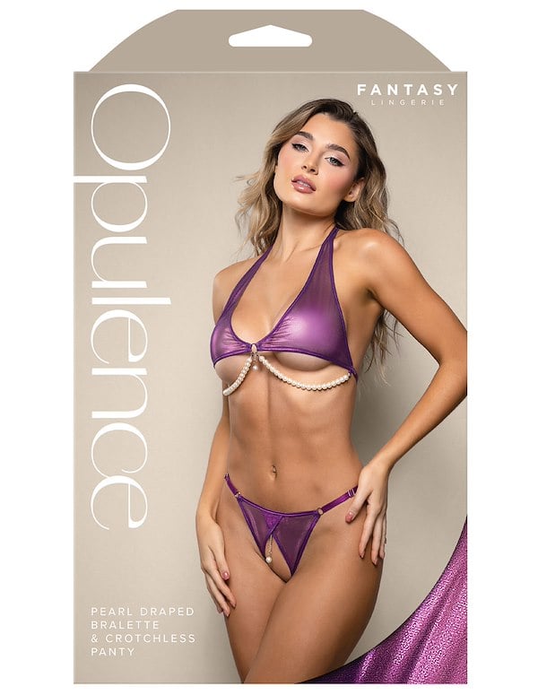 Iridescent Foil Mesh Bralette And Crotchless Panty With Pearl Detail ALT2 view Color: PR