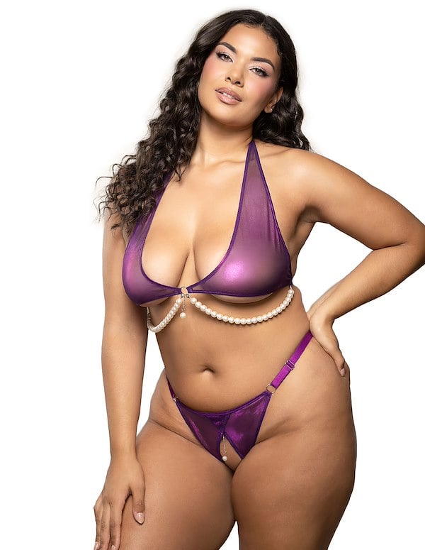 Iridescent Foil Mesh Plus Size Bralette And Crotchless Panty With Pearl Detail default view Color: PR
