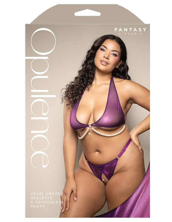 Iridescent Foil Mesh Plus Size Bralette And Crotchless Panty With Pearl Detail ALT2 view Color: PR