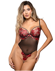 Front view of VIBRANT FLORAL EMBROIDERED TEDDY WITH PEARL DETAIL
