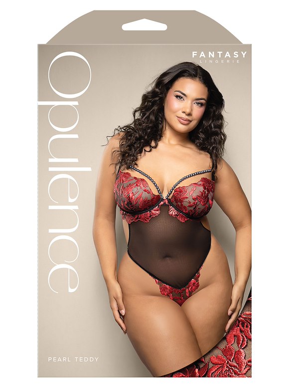 VIBRANT FLORAL EMBROIDERED PLUS SIZE TEDDY WITH PEARL DETAIL ALT2 view Color: RB