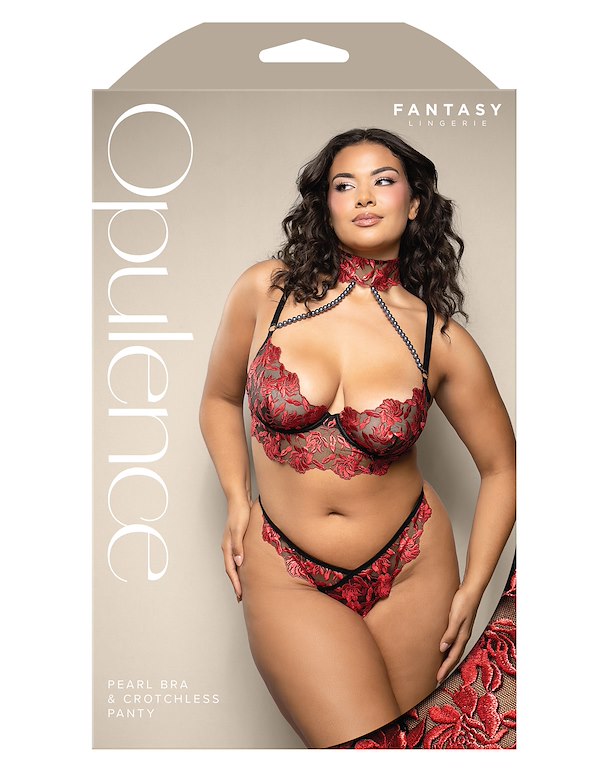 VIBRANT FLORAL EMBROIDERED PLUS SIZE BRA AND PANTY WITH PEARL DETAIL ALT2 view Color: RD