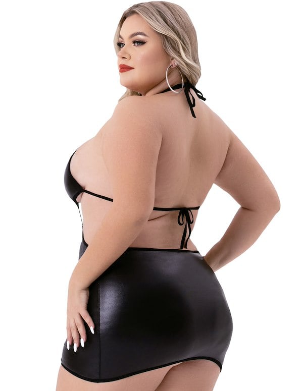 Baci Criss Cross Wetlook Halter Plus Size Mini Dress ALT1 view Color: BK