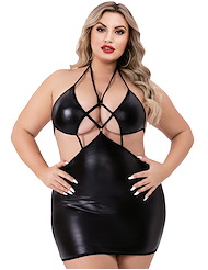 Front view of BACI CRISS CROSS WETLOOK HALTER PLUS SIZE MINI DRESS