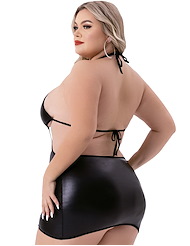 Alternate back view of BACI CRISS CROSS WETLOOK HALTER PLUS SIZE MINI DRESS