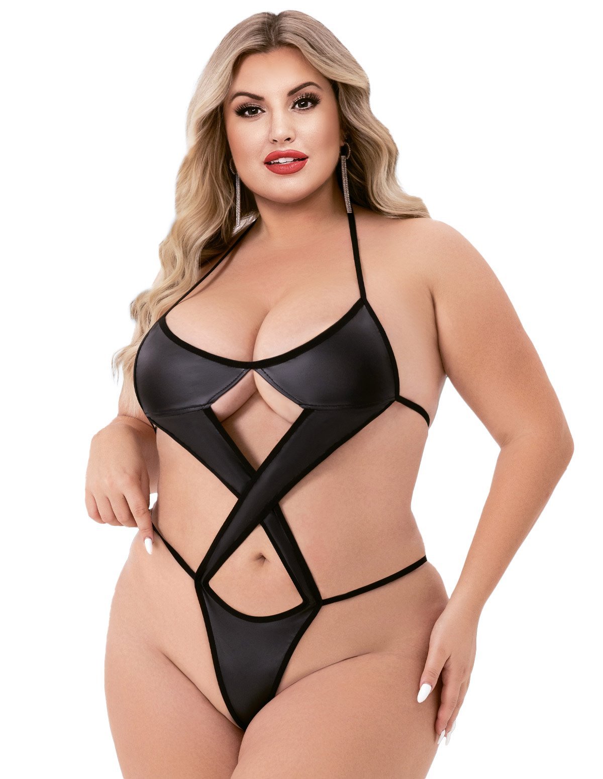 alternate image for Baci Criss Cross Wetlook Plus Size Teddy