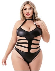 Front view of BACI HALTER TOP WETLOOK PLUS SIZE TEDDY
