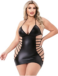 Front view of BACI STRAPPY WETLOOK PLUS SIZE MINI DRESS