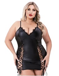 Front view of BACI LACE-UP WETLOOK PLUS SIZE MINI DRESS