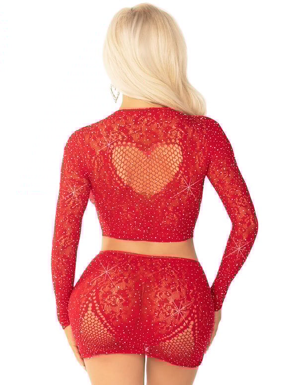 2Pc Rhinestone Red Net Crop Top And Mini Skirt With Heart Detail ALT1 view Color: RD