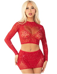 Front view of 2PC RHINESTONE RED NET CROP TOP AND MINI SKIRT WITH HEART DETAIL