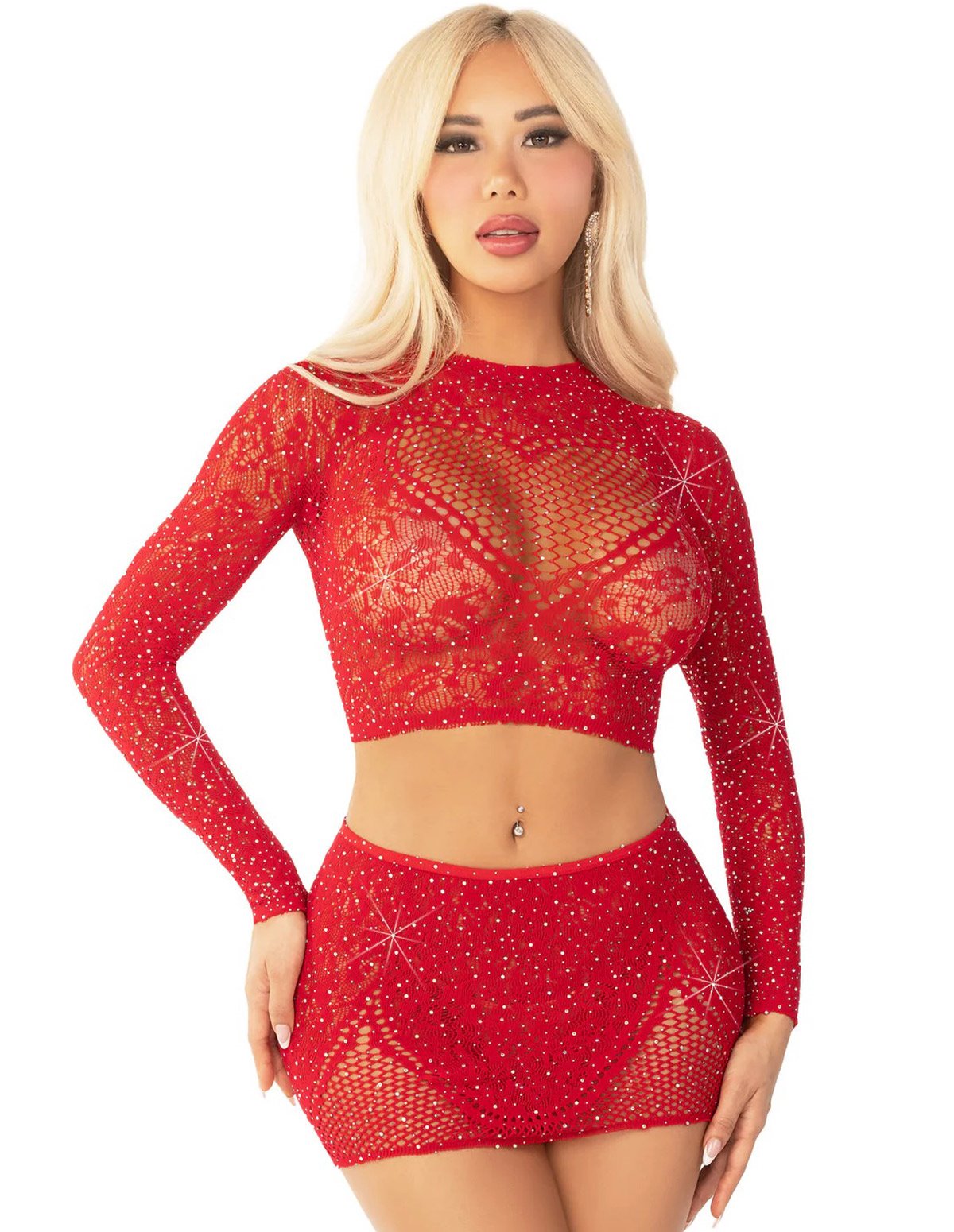alternate image for 2Pc Rhinestone Red Net Crop Top And Mini Skirt With Heart Detail