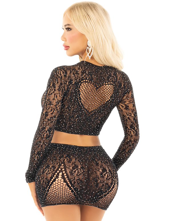 2Pc Rhinestone Black Net Crop Top And Mini Skirt With Heart Detail ALT1 view Color: BK