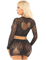Alternate back view of 2PC RHINESTONE BLACK NET CROP TOP AND MINI SKIRT WITH HEART DETAIL